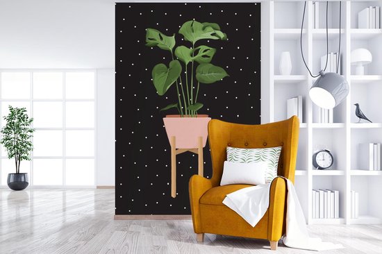 Illustration d'une plant Monstera sur fond noir à pois blancs 200x300 cm