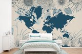 Carte du monde bleu foncé ornée d'illustrations de fleurs 600x400 cm