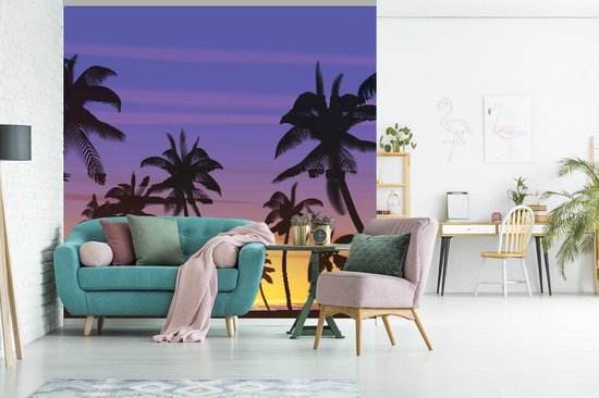 Behang - Fotobehang Zon - Palmboom - Zee - Breedte 220 cm x hoogte 220 cm