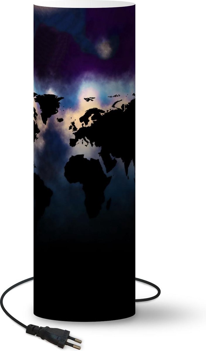 Lamp - Nachtlampje - Tafellamp slaapkamer - Wereldkaart - Paars - Waterverf - 50 cm hoog - Ø15.9 cm - Inclusief LED lamp