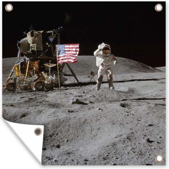 Tuin poster Astronaut - Maan - Vlag - 200x200 cm - Tuindoek - Buitenposter