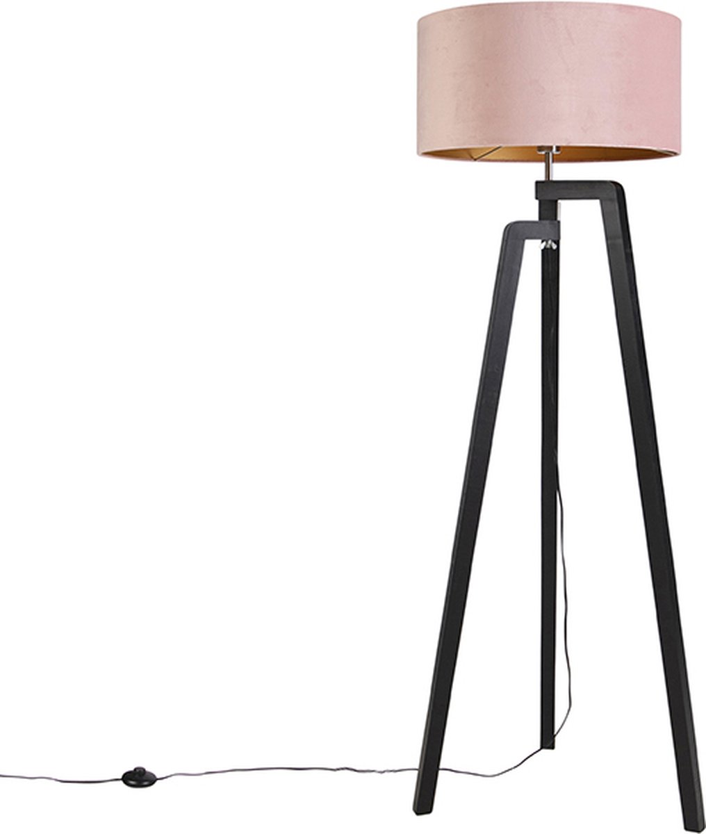 QAZQA puros - Landelijke Vloerlamp | Staande Lamp met kap - 1 lichts - H 1510 mm - Zwart G