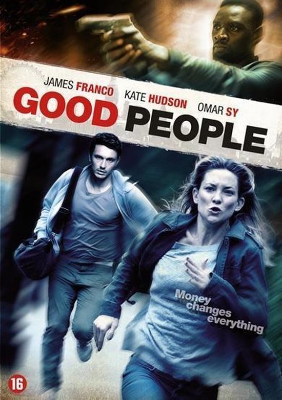 DVD-hoes van Good People met James Franco, Kate Hudson en Omar Sy. Mannen en vrouwen rennen, een man richt een pistool.