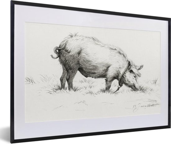 Fotolijst incl. Poster - Staand varken in het gras - schilderij van Jean Bernard - 60x40 cm - Posterlijst