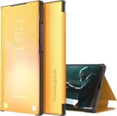 Voor Samsung Galaxy S21 Ultra 5G Koolstofvezel Textuur Bekijk Tijd Horizontale Flip Leather Case met Houder & Touch Call Display ID (geel)