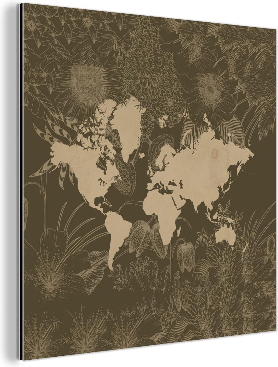 Afbeelding van product MuchoWow  Wanddecoratie Metaal - Aluminium Schilderij - Wereldkaart - Planten - Bruin - 90x90 cm