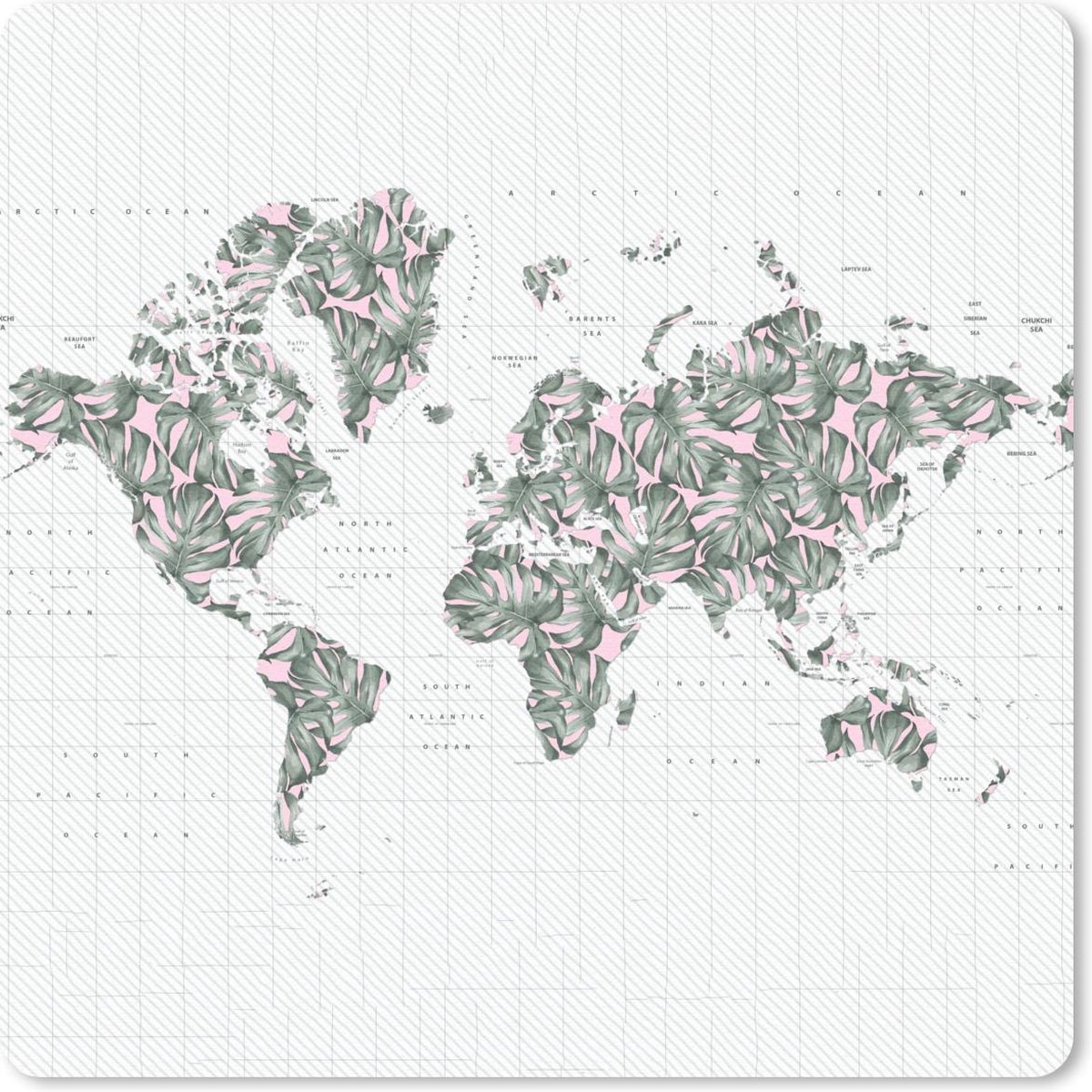 Muismat 30x30 cm - Mousepad Wereldkaart - Bladeren - Roze - Muismatten
