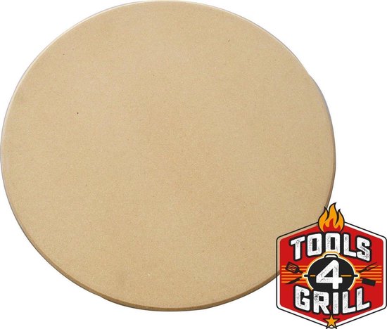 Lege, ronde, beige pizzasteen van 36 cm. Inclusief "Tools4Grill" logo.