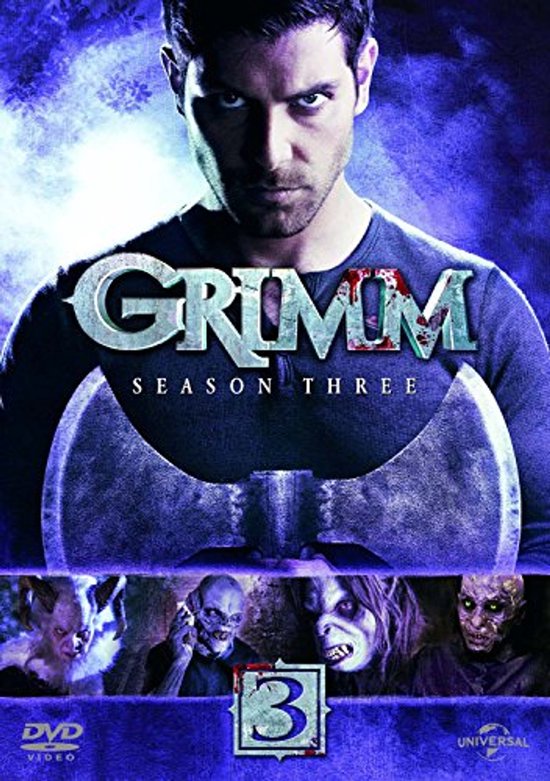 Grimm Seizoen Drie DVD-hoes met een man en monsterlijke wezens. Grimm is in grote letters geschreven.