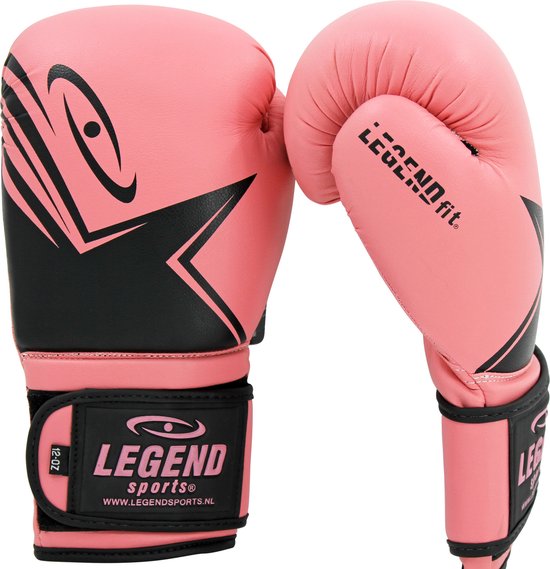 Roze bokshandschoenen met zwarte ster en "LEGEND fit." logo.