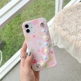 Bloemenpatroon TPU schokbestendig beschermhoes met bloemkralen Polsarmbandketting voor iPhone 12/12 Pro (roze)
