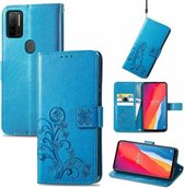 Voor Ulefone Note 11 Plus Vierbladige sluiting Reliëfgesp Mobiele telefoonbescherming Lederen tas met lanyard & kaartsleuf & portemonnee & beugelfunctie (blauw)