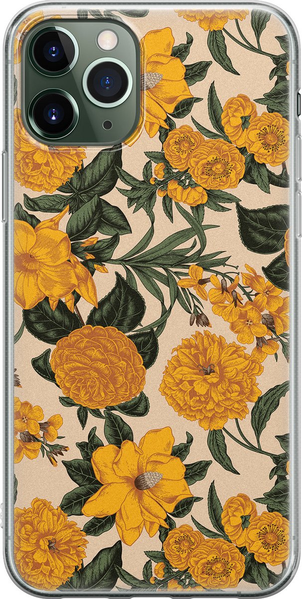 Leuke Telefoonhoesjes - Geschikt voor iPhone 11 Pro Max - Retro flowers - Soft case - TPU - Geel