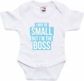 Small but the boss tekst baby rompertje blauw/wit jongens - Kraamcadeau - Babykleding 68 (4-6 maanden)