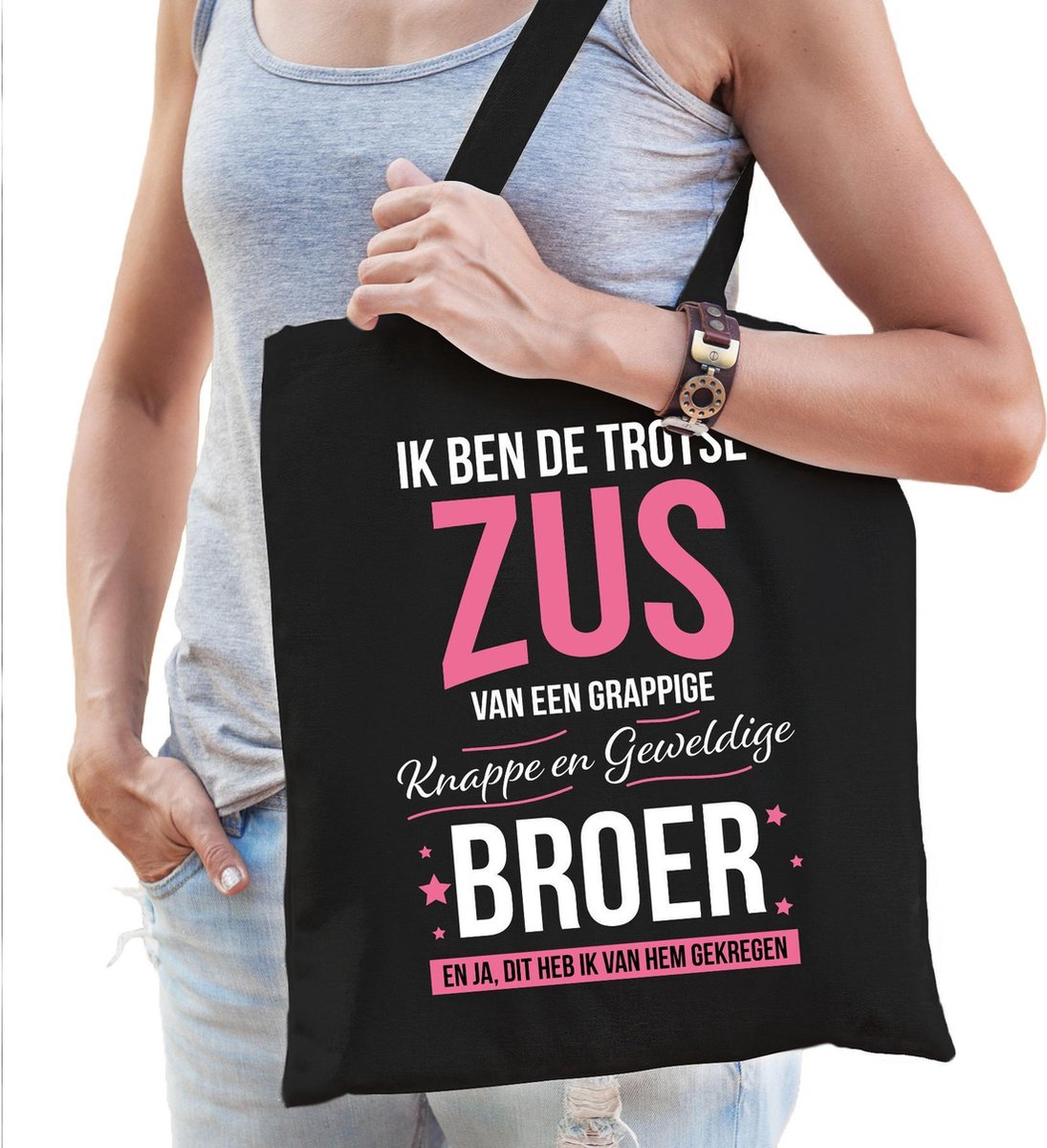 Trotse zus - broer - cadeau - tasje - zwart - voor dames