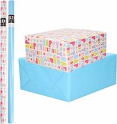 4x Rollen kraft inpakpapier happy birthday pakket - blauw 200 x 70 cm - cadeau/verzendpapier