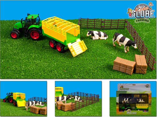Kids Globe Boerderij Speelset inc Tractor Aanhanger Hekjes Balen Koeien