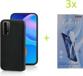 Huawei P Smart 2021 TPU Silicone rubberen hoesje + 3 Stuks Tempered screenprotector - zwart