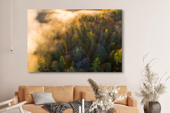 Toile Peinture Forêt - Brouillard - Coucher de Soleil - 150x100 cm - Décoration murale