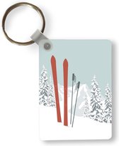 Sleutelhanger - Twee ski's en skistokken staan in de sneeuw van een illustratie - Uitdeelcadeautjes - Plastic