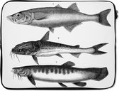 Laptophoes 15 inch 38x29 cm - Vissen illustratie - Macbook & Laptop sleeve Een zwart-wit illustratie van drie vissen - Laptop hoes met foto