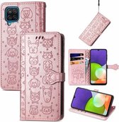 Voor Galaxy A22 4G Leuke Kat en Hond Reliëf Horizontale Flip Lederen Case met Houder & Kaartsleuven & Portemonnee & Lanyard (Rose Goud)