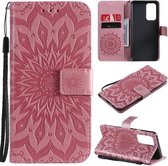 Voor OnePlus 9 Pro Sun Embossing Pattern Horizontal Flip Leather Case met Card Slot & Holder & Wallet & Lanyard (roze)