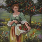 Olieverfschilderij met goudkleurige lijst - Appels plukken - Vrouw