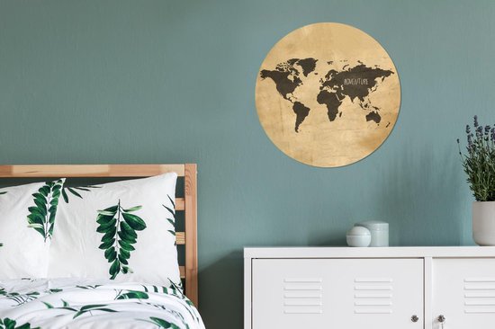 WallCircle - Stickers muraux - Cercle Papier Peint - Wereldkaart - Marron - Vintage - 50x50 cm - Cercle Mural - Auto Adhésif - Autocollant Rond Papier Peint