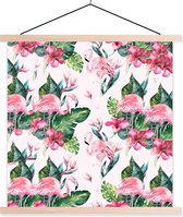 Posterhanger incl. Poster 60x60 cm - Schoolplaat - Flamingo - Bloemen - Bladeren - Patronen - Textielposter - Blanke latten