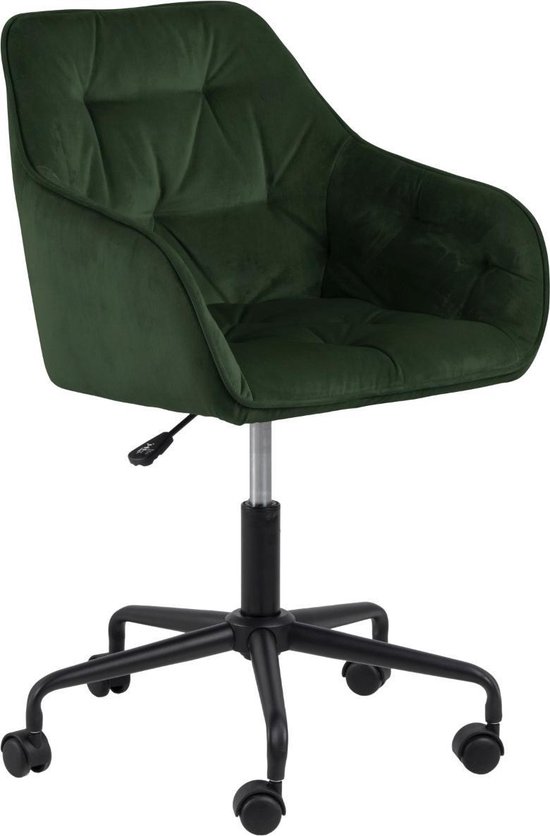 24Designs Shelby Bureaustoel Fluweel - Velvet Bosgroen - Zwart Metaal - 5-Teens Kruispoot Op Wielen