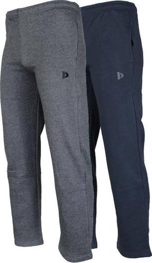 Twee joggingbroeken met rechte pijpen, één in antraciet gemêleerd en één in marineblauw, met Donnay-logo.