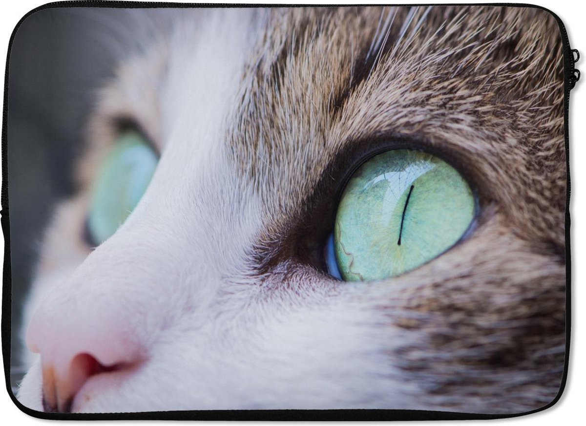 Laptophoes 14 inch - Kat - Licht - Ogen - Laptop sleeve - Binnenmaat 33x23 cm - Zwarte achterkant
