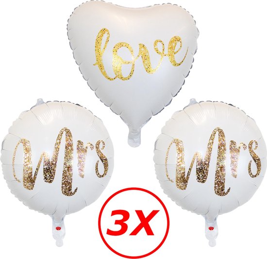 Bruiloft Versiering Mrs & Mrs Huwelijk Decoratie Helium Ballonnen Goud & Wit Bruiloft Ballon Met Rietje 40 Cm – 3 Stuks