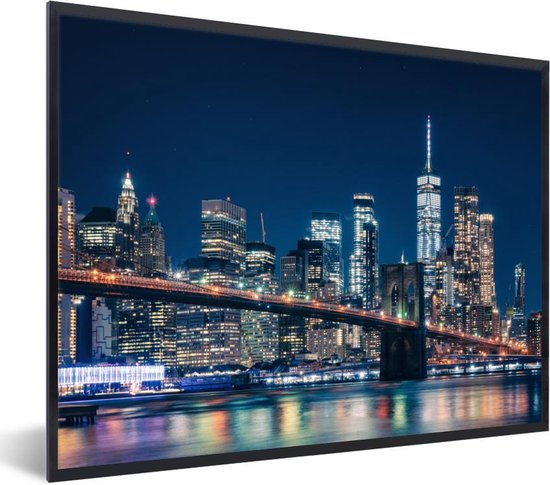 Cadre photo avec affiche - New York - Nuit - Pont de Brooklyn - 40x30 cm - Cadre pour affiche