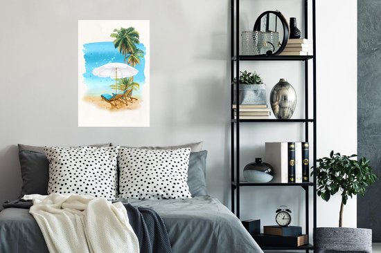 Poster Chaise de plage - Parasol - Palmier - Mer - 60x90 cm