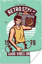 Poster Radio - Skateboard - Man - Retro - 40x60 cm - Vaderdag cadeau - Geschenk - Cadeautje voor hem - Tip - Mannen