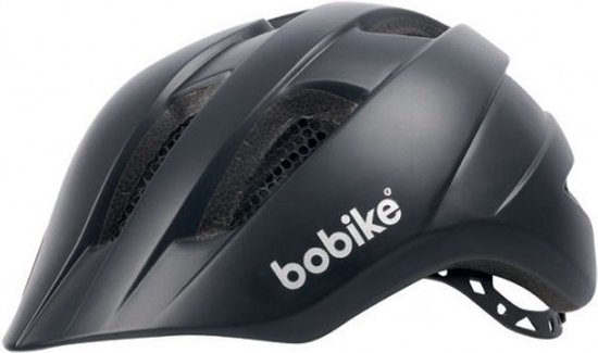 Zwarte Bobike kinderhelm met ventilatieopeningen en het Bobike logo op de zijkant.