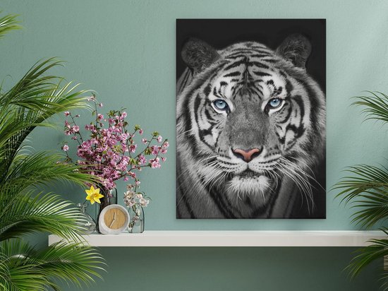 Artaza - Peinture sur toile - Tête de tigre aux yeux bleus - Zwart Wit - 30 x 40 - Klein - Photo sur toile - Impression sur toile
