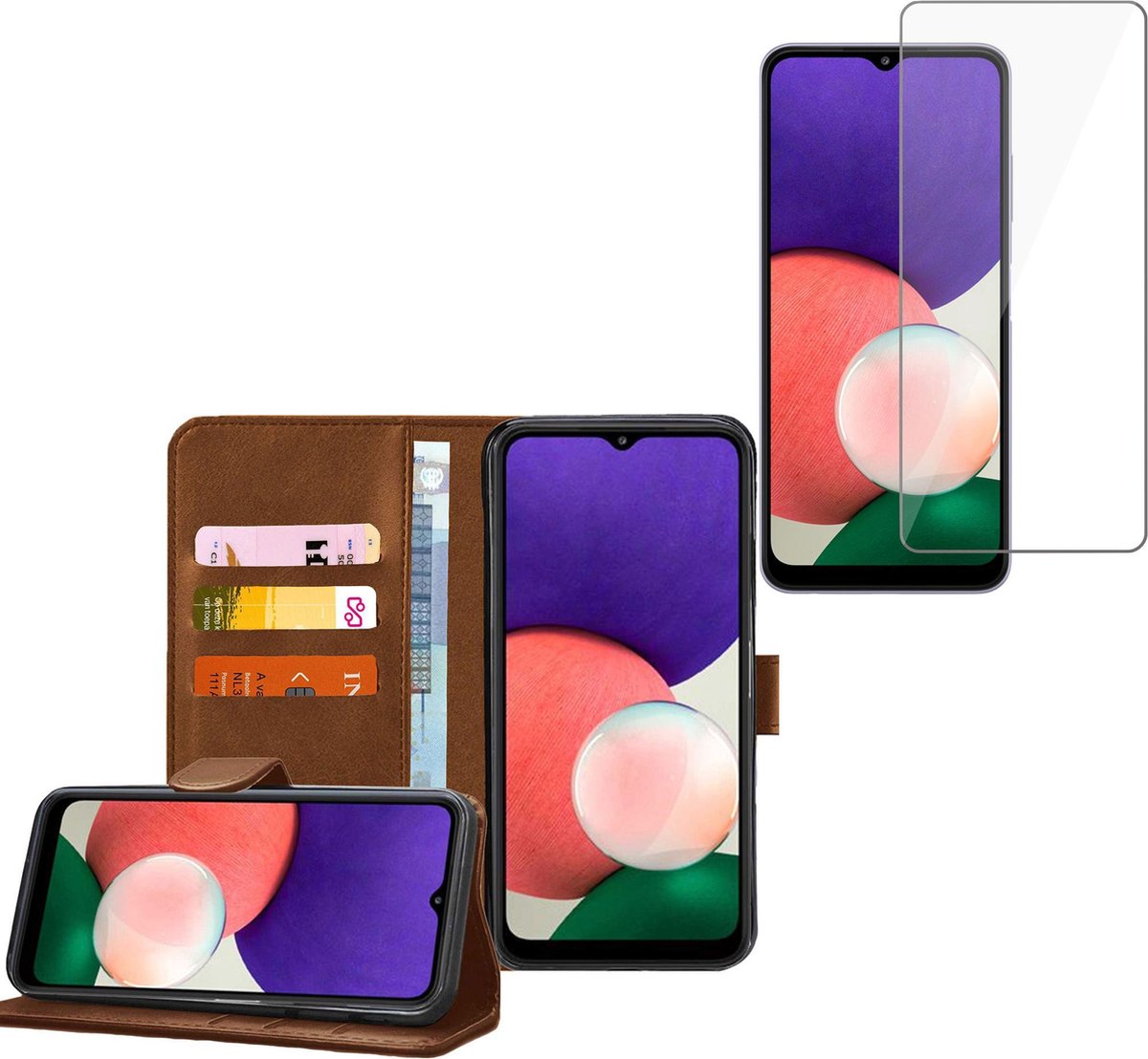 Hoesje geschikt voor Samsung Galaxy A22 5G - Screenprotector Glas - Book Case Portemonnee Hoesje Bruin