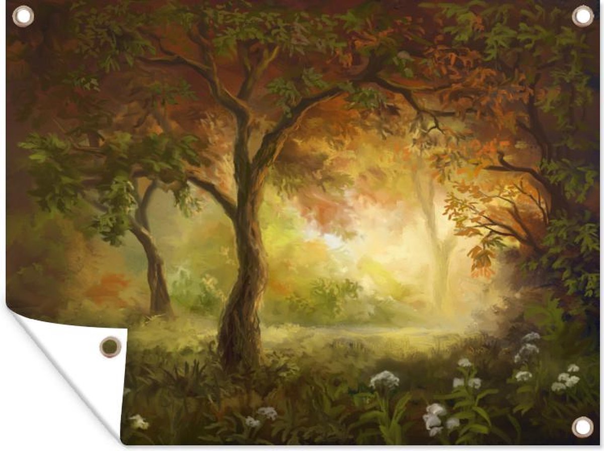 Muurdecoratie buiten Herfst - Bloemen - Bos - Waterverf - 160x120 cm - Tuindoek