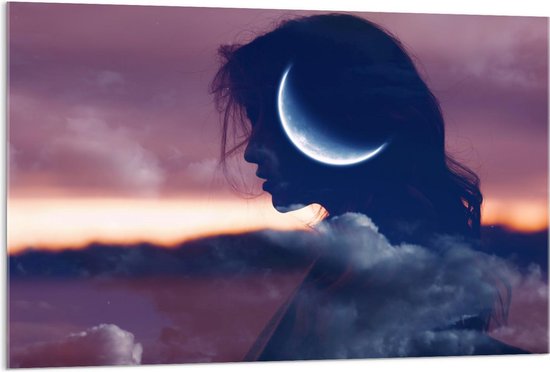 Acrylglas - Meisje in de Maan en Wolken - 120x80cm Foto op Acrylglas (Met Ophangsysteem)