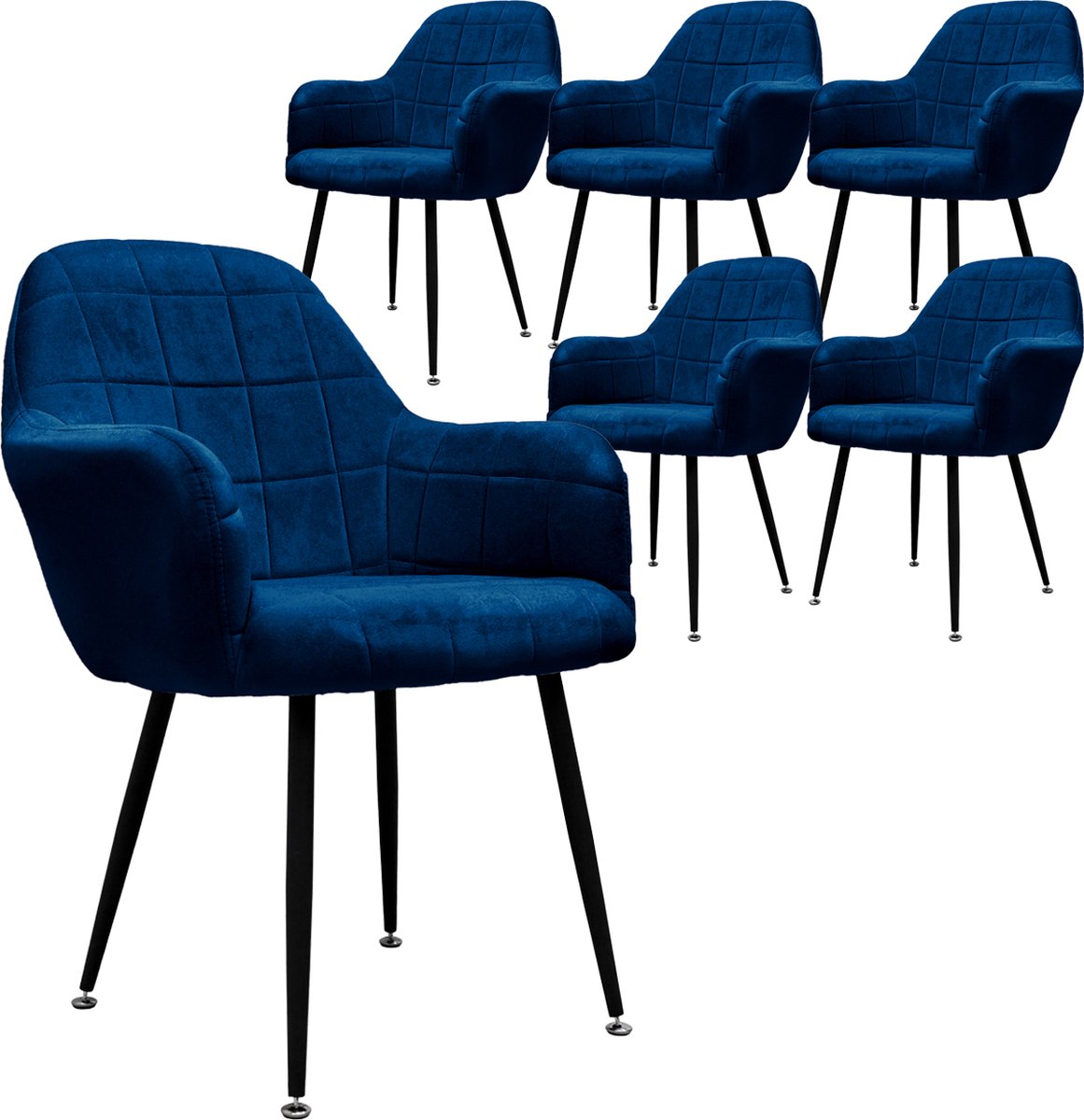 ml-design ECD Germany Eetkamerstoelen Set van 6 Eetkamerstoelen met rugleuning en armleuningen, Donkerblauw, Zitting van fluweel, Bekleed, met Zwarte Metalen Poten, Keukenstoel Woonkamerstoel Beklede Stoel