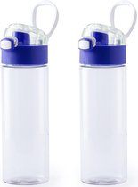 2x Stuks kunststof waterfles/drinkfles transparant met blauwe schroefdop en handvat 580 ml - Sportfles - Bidon