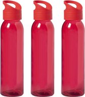3x Stuks glazen waterfles/drinkfles rood transparant met schroefdop met handvat 470 ml - Sportfles - Bidon