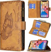 Vliegende Vlinder Embossing Patroon Rits Horizontale Flip Lederen Case met Houder & Kaartsleuven & Portemonnee Voor iPhone 13 mini (Bruin)