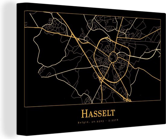 Peinture sur Toile Carte - Hasselt - Zwart - Or - 120x80 cm - Décoration murale