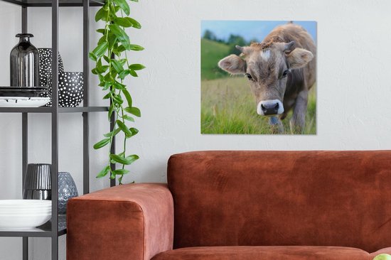 Toile Peinture Vache - Animaux - Marron - Herbe - 50x50 cm - Décoration murale