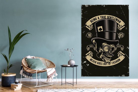 Toile Peinture Crâne - Chapeau - Rétro - Dessin - 120x180 cm - Décoration murale XXL
