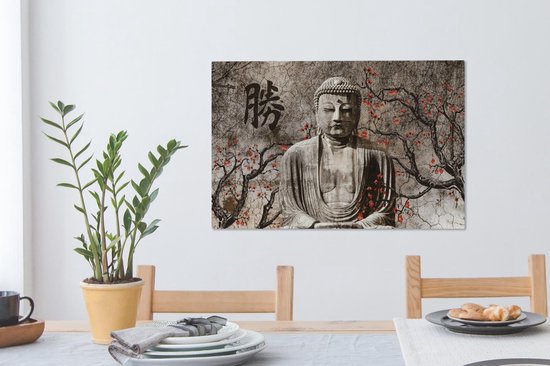 Peintures sur toile Bouddha - Statue - Arbre - 90x60 cm - Décoration murale